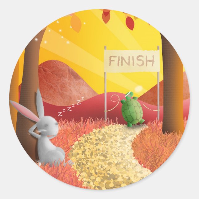 Pegatina Redonda La tortuga y la liebre - pegatinas (Anverso)