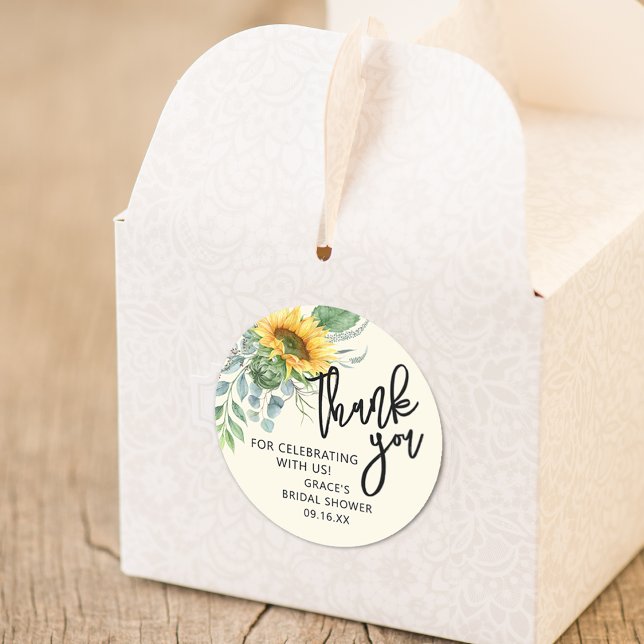 Pegatina Redonda La vegetación del girasol ruso Eucalyptus Gracias (Rustic Sunflower Eucalyptus Greenery Thank You Classic Round Sticker)