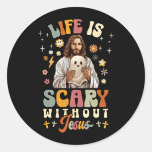 Pegatina Redonda La vida de Groovy Halloween es aterradora sin Jesú