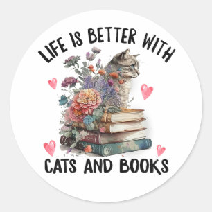 Pegatina Redonda La vida es mejor con gatos y libros divertido gato
