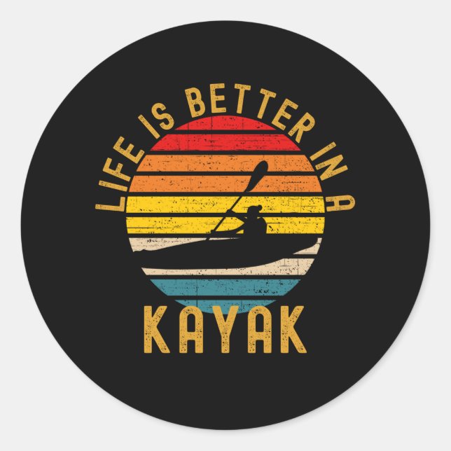 Pegatina Redonda La Vida Es Mejor En Kayak Retro (Anverso)
