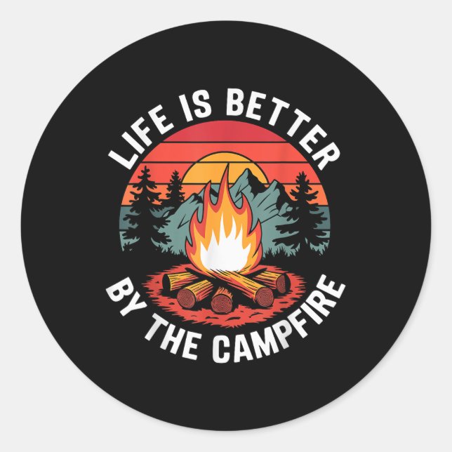 Pegatina Redonda La vida es mejor junto a la hoguera Camping Explor (Anverso)