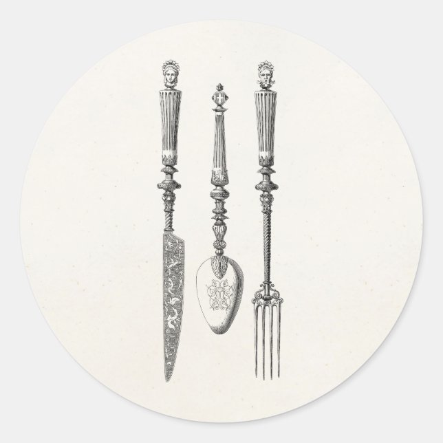 Pegatina Redonda La vieja cuchara de horquilla de cuchillo de la dé (Anverso)