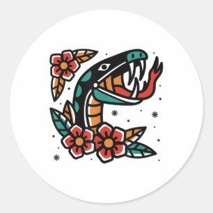 Pegatina Redonda La vieja escuela de serpientes Tattoo tradicional 