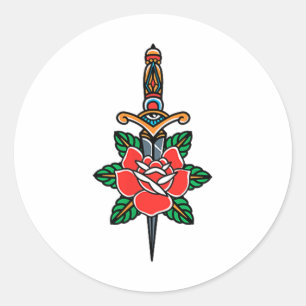 Pegatina Redonda La vieja escuela de tatuajes tradicionales estadou