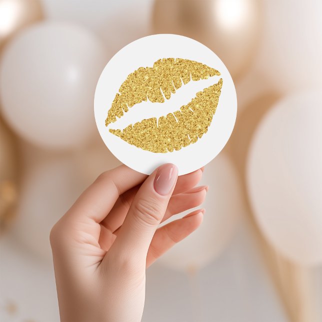 Pegatina Redonda Labios con brillo dorado (Gold Glitter Lips Classic Round Sticker)