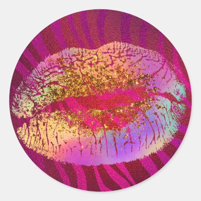 Pegatina Redonda Labios con Brillo Dorado Arcoíris Estampado Cebra  (Anverso)