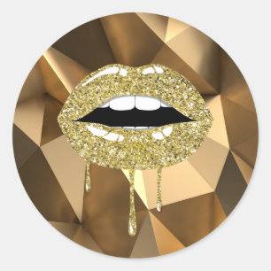 Pegatina Redonda Labios con goteo de brillo falso de lujo dorado