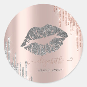Pegatina Redonda Labios Moderados Brillantes, Gotear Plata Rosa Dor