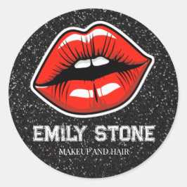 Pegatina Redonda labios rojos de artista de maquillaje con purpurin