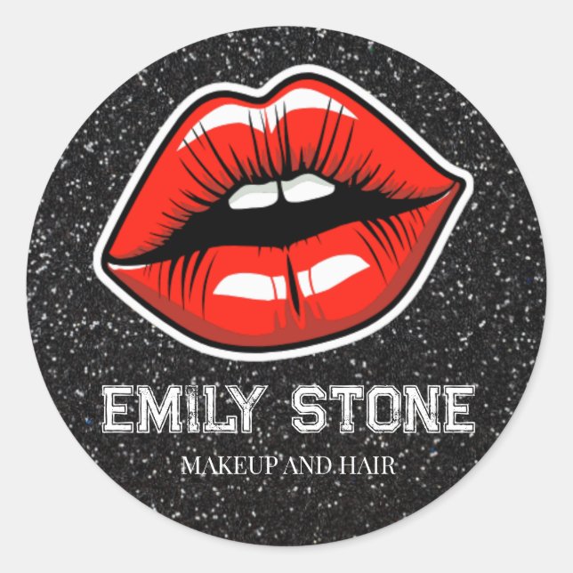 Pegatina Redonda labios rojos de artista de maquillaje con purpurin (Anverso)