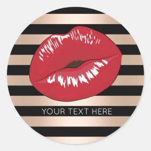 Pegatina Redonda labios rojos elegantes rosa de oro rayas negras pa