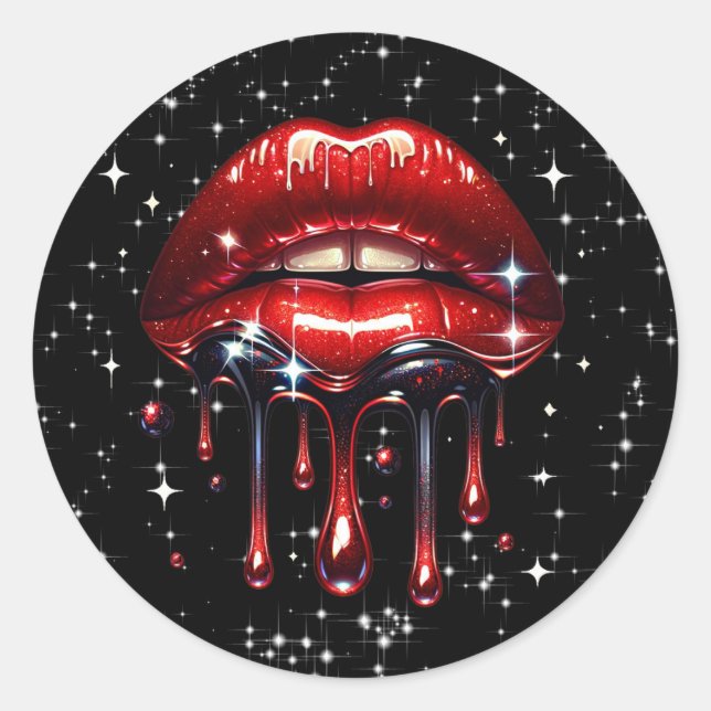 Pegatina Redonda Labios Rojos Goteando Brillo Glam Falso Destello (Anverso)