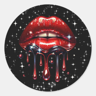 Pegatina Redonda Labios Rojos Goteando Brillo Glamour Falso Destell