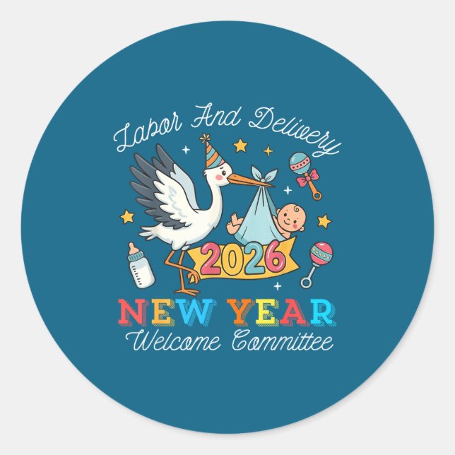 Pegatina Redonda Labor &amp; Delivery New Year Welcome Committee 20 (Anverso)