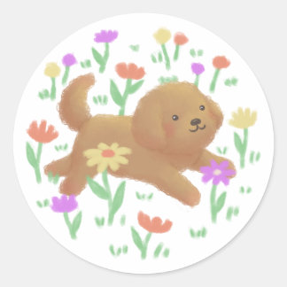 Pegatina Redonda Labradoodle con Ilustracion de flores