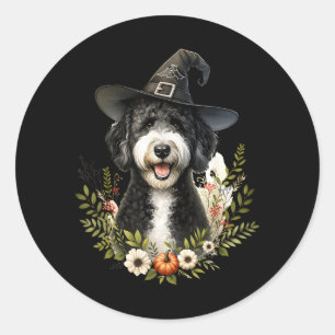 Pegatina Redonda Labradoodle perro negro y blanco Halloween acuarel