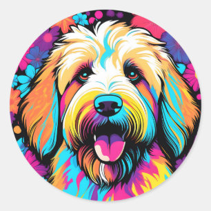 Pegatina Redonda Labradoodle Pop Art Dog Con Flores