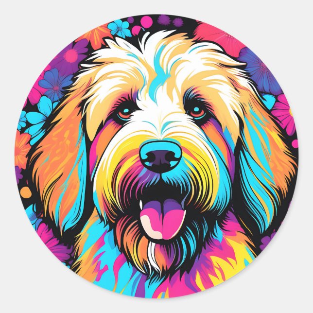 Pegatina Redonda Labradoodle Pop Art Dog Con Flores (Anverso)
