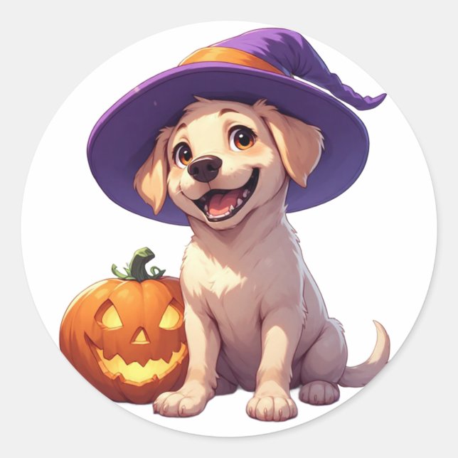 Pegatina Redonda Labrador Cachorro de Halloween con Jack O Lantern  (Anverso)