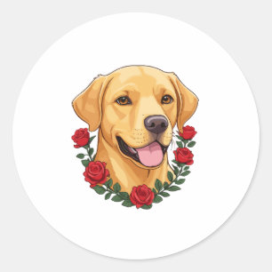 Pegatina Redonda Labrador con rosas rojas