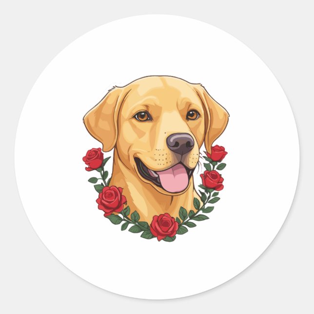 Pegatina Redonda Labrador con rosas rojas (Anverso)