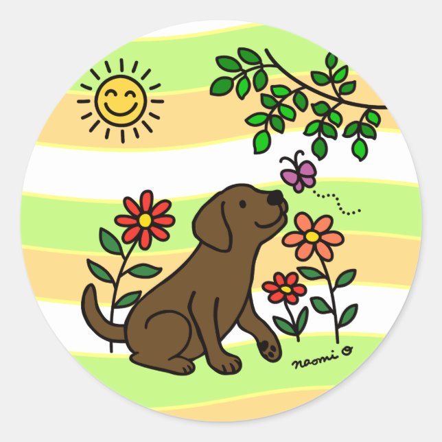 Pegatina Redonda Labrador de chocolate y verde (Anverso)