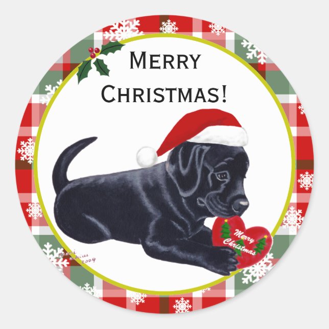 Pegatina Redonda Labrador negro recupera Navidades con copo de niev (Anverso)