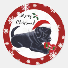 Pegatina Redonda Labrador negro recupera Navidades con copo de niev