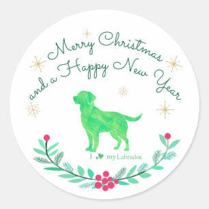 Pegatina Redonda Labrador Pastel Navidad y Año Nuevo