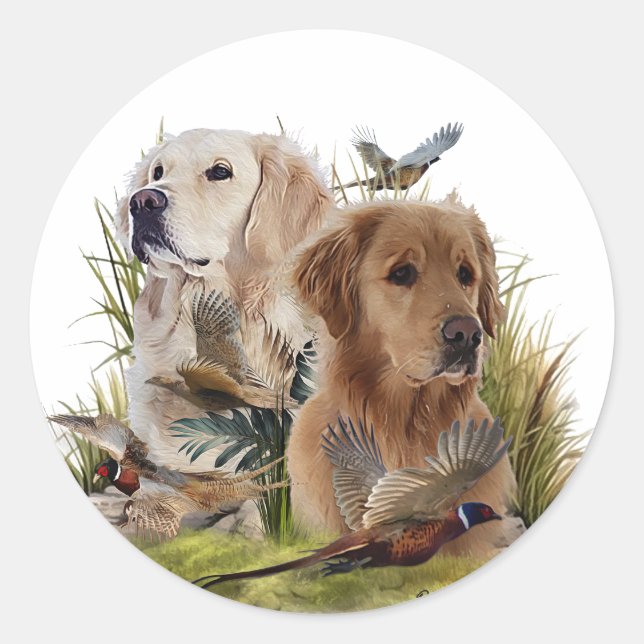 Pegatina Redonda Labrador recuperadores con faisán, arte (Anverso)