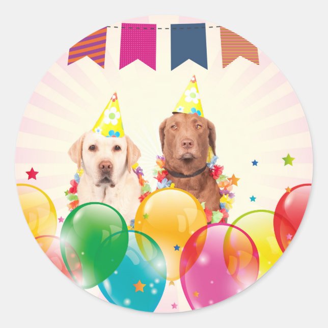 Pegatina Redonda Labrador recuperar globos de perro cumpleaños (Anverso)