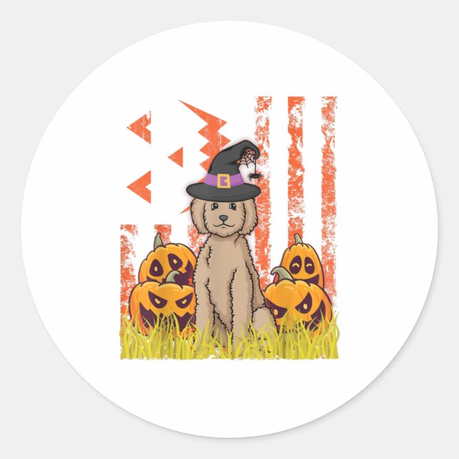 Pegatina Redonda Labradordoodle Perro Brujas Calabazas de baile Ha (Anverso)