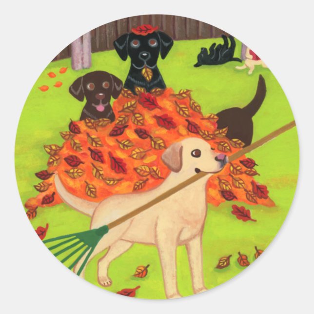 Pegatina Redonda Labradors del Día del Otoño (Anverso)