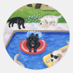 Pegatina Redonda Labradors Fiesta de Pool