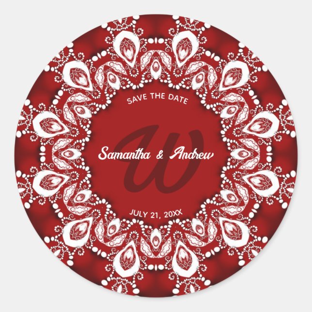 Pegatina Redonda Lace bohemio rojo y blanco salva la fecha (Anverso)