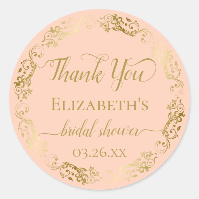 Pegatina Redonda Lace de oro en coral Peach Bridal Shower (Anverso)