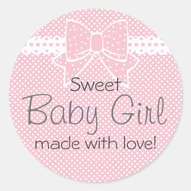 Pegatina Redonda Lace y Bow Pink Baby Shower Favor (Anverso)