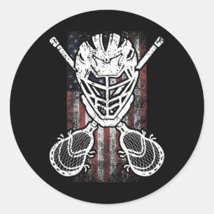 Pegatina Redonda Lacrosse American Flag Stick Y Helmet Funny Gift