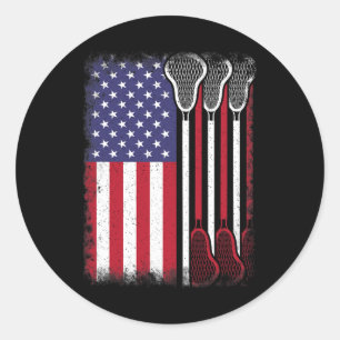 Pegatina Redonda Lacrosse American Flag Vintage Lacrosse Player