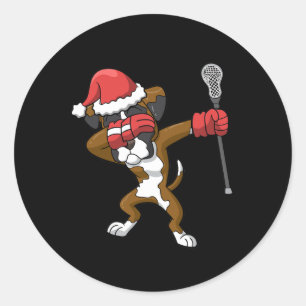 Pegatina Redonda Lacrosse Dabbing Boxer Dog Lax Navidades Deportes