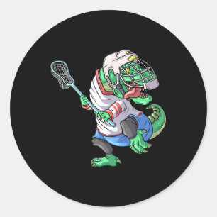Pegatina Redonda Lacrosse Dinosaur T Rex Con Lacrosse Stick Funny