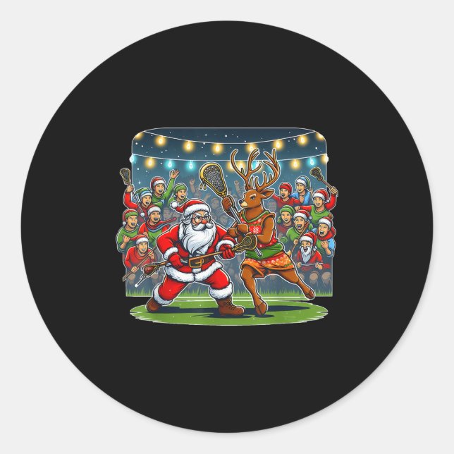 Pegatina Redonda Lacrosse Player Christmas Santa Reindeer Playing L (Anverso)