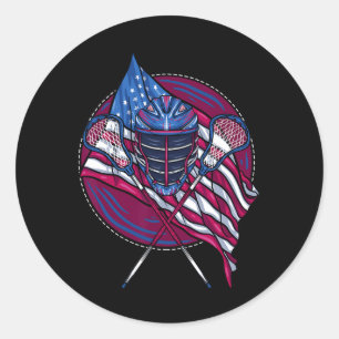 Pegatina Redonda Lacrosse Player Lacrosse Stick Helmet Usa Estadoun