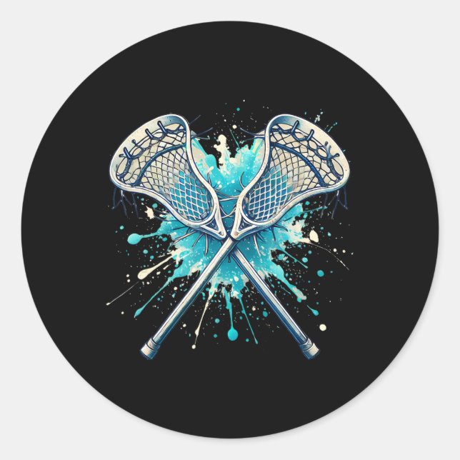 Pegatina Redonda Lacrosse Splash Player Crossed Sticks Lacrosse Boy (Anverso)