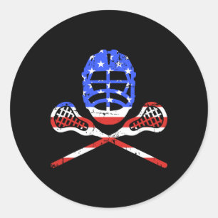 Pegatina Redonda Lacrosse Y Casco Con La Bandera Estadounidense