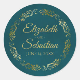 Pegatina Redonda Lacy Gold Filigree Elegant Dark Teal Wedding Names