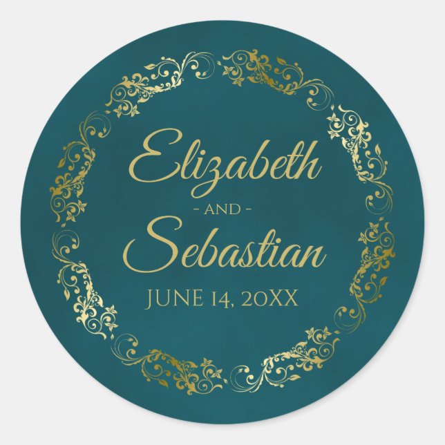 Pegatina Redonda Lacy Gold Filigree Elegant Dark Teal Wedding Names (Anverso)