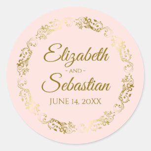 Pegatina Redonda Lacy Gold Filigree Elegante Boda rosa Rubor