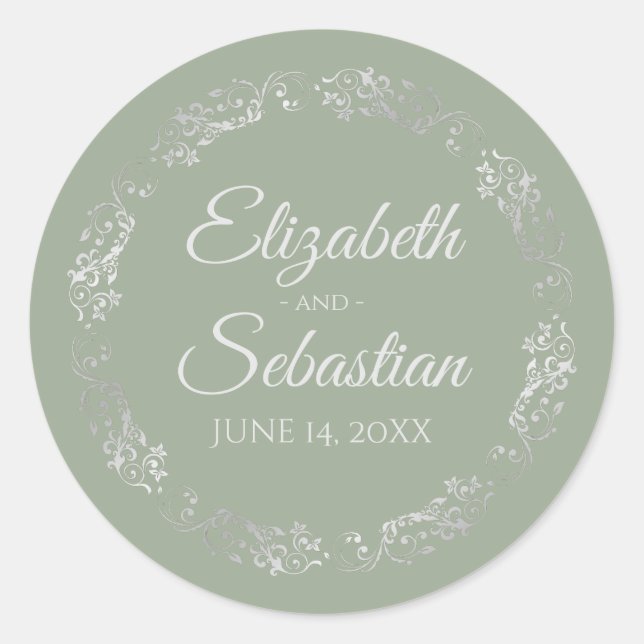 Pegatina Redonda Lacy Silver Filigree Elegant Sage Green Boda (Anverso)